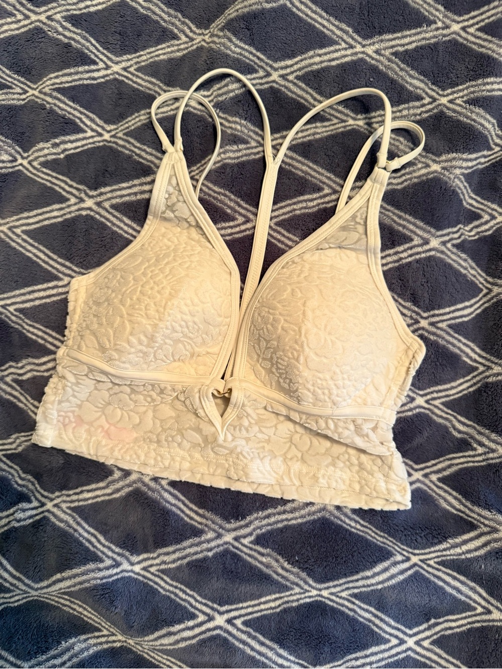 White Floral Lace Longline Bralette with Strappy Back - Size XS